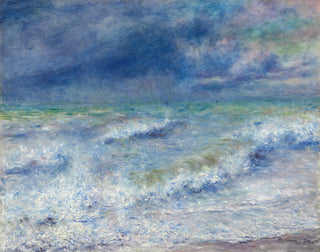 An impressionistic seascape of turquoise waters and darker blue sky on a sunny summery day with rolling waves breaking on the beach