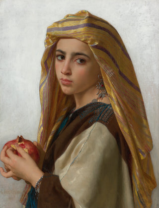 A young Berber woman with ensnaring dark eyes and beautiful jewelry cradles a ruby red pomegranate.