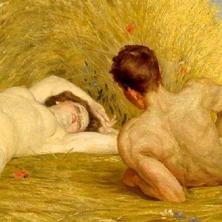 Two lovers gaze at each other, enraptured in coital bliss.

The sinews of the man's back contract as he rises to lounge, watching his partner's unadorned form sprawling seductively before him.

They lay amidst a flower-speckled field of hay.